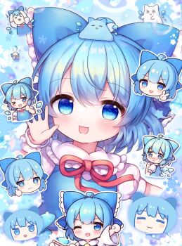 Rule 34 | > <, > o, 1girl, :3, :d, ;d, = =, ahoge, arms up, blue background, blue bow, blue dress, blue eyes, blue hair, bow, cirno, cirno day, coa (chroo x), collared shirt, commentary request, cosplay, double-parted bangs, dress, frilled bow, frilled shirt collar, frills, ghost costume, gohei, hair bow, hakurei reimu, hakurei reimu (cosplay), holding, holding gohei, long sleeves, looking at viewer, multiple views, neck ribbon, one eye closed, open mouth, puffy short sleeves, puffy sleeves, red ribbon, ribbon, shirt, short hair, short sleeves, smile, snowflakes, thumbs up, touhou, v, waving, white shirt, wide sleeves, wrist cuffs, zzz
