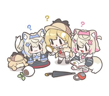 3girls :3 :d :o ? absurdres animal_ear_fluff animal_ears bent_over black_footwear black_sleeves blank_eyes blonde_hair blue_hair blush bob_cut book brown_coat brown_hat brown_skirt brown_socks bubba_(watson_amelia) chibi chibi_only closed_mouth coat commentary deerstalker detective dog_ears dog_girl dog_tail double-parted_bangs frills fuwawa_abyssgard fuwawa_abyssgard_(1st_costume) hair_ornament hairclip hat highres holding holding_magnifying_glass hololive hololive_english kneeling light_brown_hair lock long_sleeves magnifying_glass midriff_peek mococo_abyssgard mococo_abyssgard_(1st_costume) monocle multicolored_hair multiple_girls navel necktie open_book open_mouth pink_hair pink_shoes plant pleated_skirt potted_plant puffy_sleeves red_necktie shadow shirt shoes simple_background sitting skirt smile snowmya socks solid_oval_eyes standing symbol-only_commentary tail tail_wagging tongue trench_coat two-tone_hair umbrella virtual_youtuber watson_amelia watson_amelia_(1st_costume) white_background white_shirt white_sleeves x_hair_ornament
