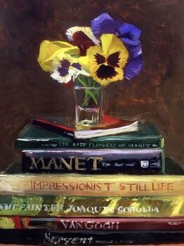 blue_flower book book_stack commentary cup english_commentary flower flower_focus no_humans noah_verrier oil_painting_(medium) original painting_(medium) still_life traditional_media water yellow_flower