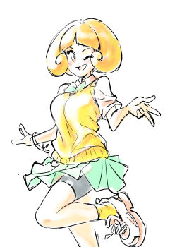 Rule 34 | 1girl, ;d, alternate costume, arched bangs, bike shorts, bike shorts under skirt, blonde hair, bow, bowtie, commentary request, green bow, green bowtie, green skirt, greta (pokemon), happy, highres, inward v, leg up, nintendo, one eye closed, open mouth, pleated skirt, pokemon, pokemon emerald, pokemon rse, shirt, shoes, short hair, short sleeves, simple background, skirt, smile, socks, solo, u4 99384295, v, vest, white background, white shirt, white shoes, yellow socks, yellow vest