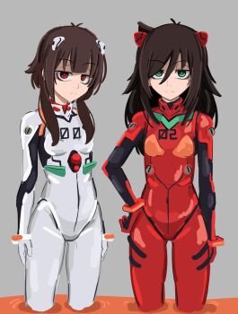 Rule 34 | 2girls, antenna hair, ayanami rei, ayanami rei (cosplay), black bodysuit, blunt bangs, bodysuit, breasts, brown hair, closed mouth, commentary, cosplay, cowboy shot, crossover, empty eyes, english commentary, green eyes, grey background, hair between eyes, hair ornament, half-closed eyes, hand on own hip, highres, kono subarashii sekai ni shukufuku wo!, kuroki tomoko, kurokimoko, liquid, long hair, looking at viewer, mecha pilot suit, megumin, multicolored bodysuit, multiple girls, neon genesis evangelion, number print, plugsuit (evangelion), red bodysuit, red eyes, short hair with long locks, sidelocks, simple background, small breasts, souryuu asuka langley, souryuu asuka langley (cosplay), standing, two-tone bodysuit, watashi ga motenai no wa dou kangaetemo omaera ga warui!, white bodysuit, wristband