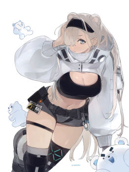 Rule 34 | 1girl, absurdres, animal ears, arknights, aurora (arknights), bear, bear ears, bear girl, black gloves, black hairband, blue eyes, breasts, cleavage, cleavage cutout, clothing cutout, commentary request, crop top, gloves, grey hair, grey shorts, hair over one eye, hairband, highres, id card, infection monitor (arknights), long hair, long sleeves, looking at viewer, midriff, navel, polar bear, shoes, shorts, shrug (clothing), simple background, solo, thigh strap, white background, white shrug, yuki-ame89118