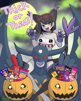 1boy 1girl absurdres bakemon bare_shoulders black_bodysuit black_eyes black_hair black_panties blacktailmon blacktailmon_(cosplay) bodysuit breasts carrying claw_pose cleavage colored_skin cosplay demon_boy devimon digimon digimon_(creature) digimon_story:_time_stranger goggles goggles_on_head grey_skin halloween_bucket highres horns kakudrawmon large_breasts panties short_hair shoulder_carry strapless trick_or_treat tube_top underwear white_tube_top yuuki_kanan