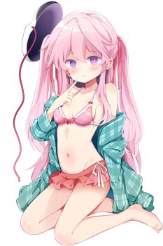 1girl alternate_hairstyle barefoot bikini blush breasts closed_mouth collarbone commentary_request expressionless finger_to_cheek frilled_bikini frills green_shirt hashtag-only_commentary hata_no_kokoro highres legs long_hair looking_at_viewer mask mask_on_head maturiuta_sorato medium_breasts navel open_clothes open_shirt pink_bikini pink_eyes pink_hair ribs seiza shirt sitting solo swimsuit thighs touhou twintails very_long_hair