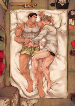 Rule 34 | 2boys, ace attorney, arm hair, armpit hair, bara, barefoot, black hair, boxers, brown hair, chest hair, closed eyes, covered abs, dick gumshoe, facial hair, full body, futon, hand in another's underwear, highres, indoors, large pectorals, leg hair, long sleeves, looking at another, male focus, male underwear, miles edgeworth, mothica, multiple boys, muscular, muscular male, no pants, pectorals, shirt, short hair, sleeping, stubble, tank top, underwear, white shirt, white tank top, yaoi