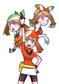 3girls :d :o ;) arm_up bandana bare_shoulders bike_shorts black_gloves black_shorts bow bow_hairband brown_hair closed_mouth dress eyelashes fanny_pack gloves green_bandana grey_eyes hair_bow hairband hand_on_own_hip kisama_(0213) looking_at_viewer may_(pokemon) multiple_girls multiple_persona nintendo one_eye_closed open_mouth orange_dress pointing pointing_up pokemon pokemon_emerald pokemon_oras pokemon_rse red_bandana red_bow red_hairband red_shirt shirt short_hair short_sleeves shorts sleeveless sleeveless_shirt smile teeth two-tone_gloves upper_teeth_only white_background white_gloves
