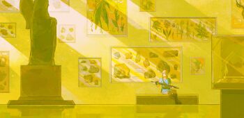 art_gallery blue_shirt blue_tunic champion&#039;s_tunic_(zelda) deer_head display_case highres indoors lingcod_dayu link looking_to_the_side master_sword museum nintendo plant pointy_ears reflective_floor rock shirt sitting statue the_legend_of_zelda the_legend_of_zelda:_breath_of_the_wild tunic yellow_theme