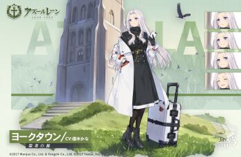1girl azur_lane bird black_boots black_dress black_gloves blue_eyes boots cellphone character_name closed_eyes coat copyright_name dress eagle eagle_union_(emblem) gloves hair_intakes hand_in_pocket holding holding_phone long_hair long_sleeves looking_at_viewer luggage multiple_expressions official_alternate_costume official_art open_mouth phone rolling_suitcase silver_hair smartphone smile solo suitcase white_coat yorktown_(azur_lane) yorktown_(saintly_wings)_(azur_lane)