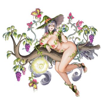 1girl :p @_@ absurdly_long_hair ass branch breasts circe_(last_origin) detached_collar feet flower_bikini food fruit full_body game_cg grapes green_eyes hair_between_eyes hat highres huge_breasts last_origin long_hair looking_at_viewer nail_polish official_art open_mouth plant potion silver_hair solo straddling tachi-e taesi thighs tongue tongue_out transparent_background very_long_hair vines witch witch_hat