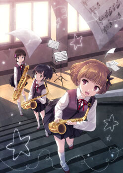 3girls :d black_hair blush brown_hair flower hair_flower hair_ornament hairclip instrument kneehighs multiple_girls open_mouth original pleated_skirt ponytail ribbon saxophone school_uniform sheet_music shoes short_hair short_ponytail skirt smile socks stairs star_(symbol) sweater_vest uwabaki white_legwear window yakka
