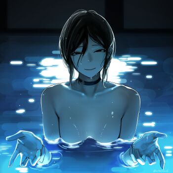 1girl absurdres ashenmash black_choker black_eyes black_hair breasts chainsaw_man choker closed_mouth highres looking_at_viewer partially_submerged pool reze_(chainsaw_man) small_breasts smile solo wet wet_hair