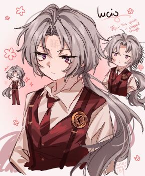 1boy artist_name character_name cheromo159 chibi chibi_inset collared_shirt commentary cropped_torso english_commentary expressionless grey_hair highres limbus_company looking_at_viewer low_ponytail lucio_(project_moon) male_focus necktie pink_eyes ponytail project_moon red_necktie red_vest shirt v-shaped_eyebrows vest white_shirt