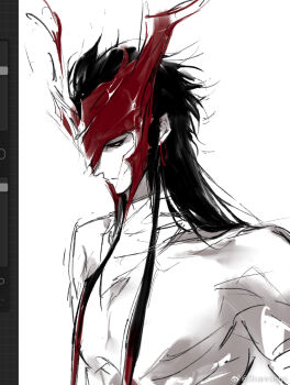 1boy art_program_in_frame artist_name black_hair chinese_commentary closed_mouth commentary_request earrings expressionless gradient_hair highres hoop_earrings horned_mask jewelry league_of_legends limited_palette long_hair long_sidelocks looking_down male_focus mask masked multicolored_hair nude procreate_(medium) procreate_(software) profile red_eyes red_hair red_mask sidelocks simple_background skanroooo solo watermark weibo_watermark white_background yone_(league_of_legends)