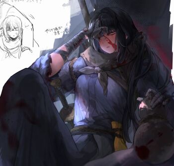 Rule 34 | 1girl, 1other, absurdres, arr 1l, bandaged arm, bandages, black hair, blood, blood on clothes, blood on face, blush, breasts, brown scarf, commentary request, gourd, greyscale, highres, limbus company, long hair, monochrome, project moon, red eyes, rope belt, ryoshu (project moon), scarf, small breasts, solo focus, sword, torn clothes, translation request, veins, weapon