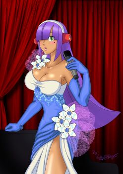 1girl armpits blue_gloves blunt_bangs breasts capcom curtains dark-skinned_female dark_skin dress elbow_gloves female_focus flower fringe_trim gloves green_eyes hair_over_one_eye headphones highres kaitlinexe large_breasts layer_(mega_man) lips mega_man_(series) mega_man_x_(series) purple_hair solo