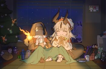 1other 2girls animal-themed_footwear arknights astrograph21 black_horns blanket blonde_hair blush box brown_hoodie character_doll chewing christmas christmas_present christmas_tree closed_eyes commentary cookie doll dress english_commentary extra_horns fire flame-tipped_tail food from_behind fur-trimmed_dress fur-trimmed_shoes fur_trim gift gift_box gingerbread_man hat holding holding_food hood hoodie horns indoors long_hair long_sleeves long_tail mandragora_(arknights) milk milk_mustache multiple_girls necrass_(arknights) night night_sky picture_frame plate pom_pom_(clothes) purple_fire red_dress red_hat reed_(arknights) reed_the_flame_shadow_(arknights) reed_the_flame_shadow_(glowing_flame_in_the_night)_(arknights) santa_hat shoes siblings sisters sky sparkle star_(sky) starry_sky tail tail_wrap tatami waving white_shoes