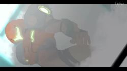 1girl animated arm_cannon armor arms_at_sides clenched_hand copyright_name dutch_angle energy gauntlets glowing helmet letterboxed live2d looking_down looking_up metroid metroid_dread nintendo normal_suit_(metroid) pauldrons power_armor power_suit_(metroid) samus_aran shoulder_armor smoke solo static teke video visor weapon wide_hips