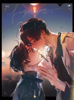 2boys black_coat black_hair black_shirt blush border coat collared_shirt cross_pendant hands_up hashtag-only_commentary heads_together kim_dokja lens_flare looking_at_another male_focus multiple_boys necklace_in_mouth omniscient_reader's_viewpoint open_clothes open_coat outdoors outside_border rain rc_dec reaching reaching_towards_another recording shirt short_hair simple_bird upper_body white_border white_coat yaoi yoo_joonghyuk