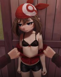 1boy 1girl against_wall age_difference animated assisted_exposure bandana bike_shorts black_bra black_shorts blue_eyes blush bra brown_hair closed_mouth cowboy_shot father_and_daughter fiz-rot flat_chest front-hook_bra hetero incest loli looking_to_the_side may_(pokemon) medium_hair midriff navel nintendo norman_(pokemon) pokemon pokemon_rse pov red_shirt shirt short_shorts short_sleeves shorts standing underwear undressing video wooden_wall