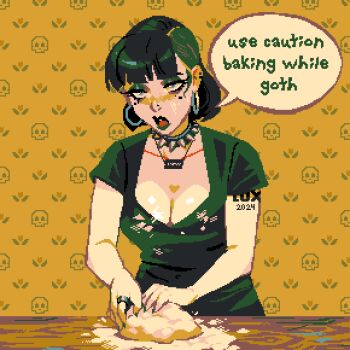 Rule 34 | baking, blush, breasts, choker, cleavage, dough, earrings, floral print, flour, green eyelids, green eyes, green hair, green lips, green shirt, hoop earrings, jewelry, medium breasts, mole, mole under eye, open mouth, pixel art, razor blade necklace, ring, shirt, short sleeves, skull print, speech bubble, spiked choker, spikes, table, thisislux, upper body, wallpaper (object), yellow background