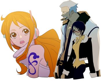 1boy 2girls bare_shoulders black_hair breasts brown_eyes cowboy_shot fur-trimmed_jacket fur_trim glasses grey_hair highres jacket leotard long_hair looking_to_the_side medium_breasts multiple_girls nami_(one_piece) official_alternate_costume one_piece open_clothes open_jacket open_mouth orange_hair shirt short_hair shoulder_tattoo single_sidelock smoker_(one_piece) sweatdrop tashigi tattoo upper_body white_background white_leotard wing_collar yang_gallae yellow_shirt