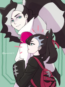 1boy 1girl age_difference aqua_eyes asymmetrical_bangs backpack bag black_choker black_hair black_jacket black_nails brother_and_sister choker clenched_hand dress earrings emphasis_lines eyelashes flat_chest from_side green_background hair_ornament happy height_difference hepu2rabbits_(epuusa) highres jacket jewelry leather leather_jacket long_hair long_sleeves looking_at_another looking_up marnie_(pokemon) multicolored_hair nail_polish nintendo open_clothes open_jacket open_mouth pale_skin pendant_choker piers_(pokemon) pink_dress pokemon pokemon_swsh ponytail profile red_bag siblings smile standing stud_earrings talking turning_head twintails two-tone_hair undercut upper_body very_long_hair white_jacket