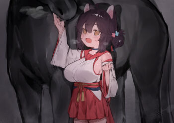 1girl animal_ears black_choker blue_archive blush breasts brown_eyes brown_hair choker cowboy_shot detached_sleeves double-parted_bangs fang grey_background hair_bun hair_ornament highres horse huge_breasts japanese_clothes kaede_(blue_archive) medium_hair miko nontraditional_miko obi obijime open_mouth red_sash sash skin_fang theflatfacadeds white_sleeves wide_sleeves xaea_xp