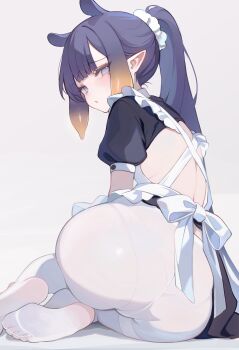 1girl @_@ absurdres apron ass backless_dress backless_outfit black_dress blue_eyes blunt_bangs center-flap_bangs commentary criss-cross_back-straps dress frilled_apron frills from_behind gradient_hair hair_ornament hair_scrunchie highres hololive hololive_english koahri long_hair looking_at_viewer looking_back mole mole_under_eye multicolored_hair ninomae_ina'nis no_shoes orange_hair panties panties_under_pantyhose pantyhose pointy_ears puffy_short_sleeves puffy_sleeves purple_hair scrunchie short_sleeves sidelocks simple_background sitting soles solo tentacle_hair thighband_pantyhose toe_seam toes underwear very_long_hair virtual_youtuber white_apron white_background white_panties white_pantyhose