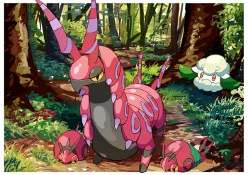 border closed_mouth colored_sclera commentary_request cottonee day forest gen_5_pokemon grass hazikamiio highres nature nintendo no_humans orange_eyes outdoors pokemon pokemon_(creature) scolipede spikes tree venipede white_border yellow_sclera
