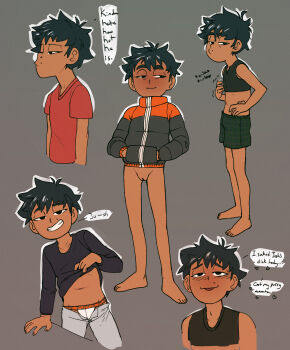 1boy absurdres anonanim barefoot black_hair black_shirt blush bottomless boxers chest_binder clothes_lift commentary cuntboy dark-skinned_male dark_skin dimitri_florez_(anonanim) english_commentary english_text feet grey_background grin highres jacket male_focus male_underwear mole mole_under_eye multiple_views navel open_pants original pants pussy red_shirt scratching_chest shirt shirt_lift shota simple_background smile solo t-shirt underwear