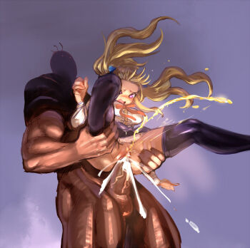 1boy 1girl ass ass_grab blonde_hair blush bottomless bow_(bhp) breasts clitoral_hood clothed_female_nude_male completely_nude cum cum_in_pussy cum_overflow ejaculation erect_clitoris erection from_below held_up hetero large_breasts long_hair muscular muscular_male nude open_mouth original peeing peeing_while_penetrated penis pussy sex size_difference spread_legs standing testicles thighhighs thighs twintails uncensored vaginal veins veiny_penis