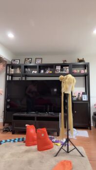 Rule 34 | 1girl, animated, ass, ass shake, blonde hair, bouncing ass, breasts, cosplay, curvy, dancing, double bun, dressing, green eyes, hair bun, huge ass, indoors, jacket, long hair, long twintails, medium breasts, musclemommycosplay, navel, one piece, open clothes, open jacket, orange jacket, photo (medium), revealing clothes, skindentation, smile, tagme, thong, vegapunk york, vegapunk york (cosplay), video, wide hips