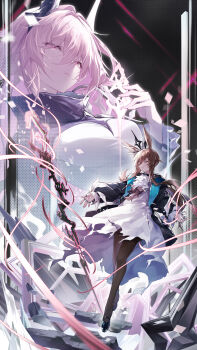 Rule 34 | 2girls, absurdres, amiya (arknights), amiya (medic) (arknights), animal ears, arknights, ascot, black jacket, black shoes, breasts, brown hair, closed eyes, closed mouth, crossed bangs, demon girl, demon horns, dress, frilled ascot, frills, high collar, high heels, highres, hood, hooded jacket, horns, jacket, jewelry, jiusan naitang, large breasts, long hair, long sleeves, mage staff, multiple girls, multiple rings, neck ring, pantyhose, pink eyes, pink hair, rabbit ears, rabbit girl, ring, shoes, sidelocks, sleeves past wrists, staff, theresa (arknights), thumb ring, white ascot, white dress