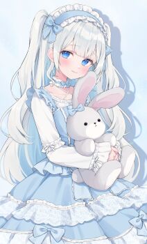 1girl absurdres blue_background blue_bow blue_dress blue_eyes blue_hair blue_hairband bow closed_mouth commentary commission dress ear_bow frilled_hairband frills grey_hair hairband highres hugging_object long_hair long_sleeves looking_at_viewer multicolored_hair original shano_hiyori shirt simple_background skeb_commission sleeves_past_wrists smile solo stuffed_animal stuffed_rabbit stuffed_toy two-tone_hair two_side_up very_long_hair white_shirt
