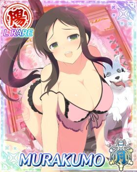 Rule 34 | 1girl, :d, @ @, aphrodisiac, aroused, border, bra, breasts, brown hair, card (medium), character name, cleavage, frilled bra, frilled panties, frills, game cg, gas, green eyes, hair ribbon, hannya, heart-shaped bottle, indoors, large breasts, lingerie, long hair, looking at viewer, mask, murakumo (senran kagura), noh mask, official art, on bed, open mouth, panties, pink bra, red ribbon, ribbon, senran kagura, senran kagura new wave, side ponytail, smile, solo, strap slip, teeth, third-party source, underwear, upper teeth only, wolf