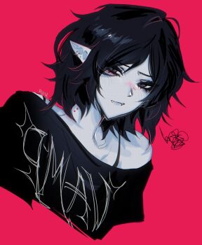 1girl adventure_time artist_name bite_mark bite_mark_on_neck black_eyes black_hair black_shirt bra_strap closed_mouth commentary cropped_shoulders ear_piercing fangs highres looking_at_viewer marceline_abadeer medium_hair messy_hair off-shoulder_shirt off_shoulder piercing pointy_ears red_background rooroorou shirt simple_background single_bare_shoulder solo