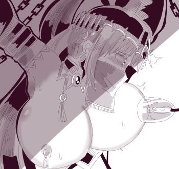 1girl arabian_clothes bad_id bad_pixiv_id breasts grimms_notes huge_breasts lactation milking_machine monochrome mouth_veil nipples odai_0715 shadow_morgiana_(grimms_notes) solo veil