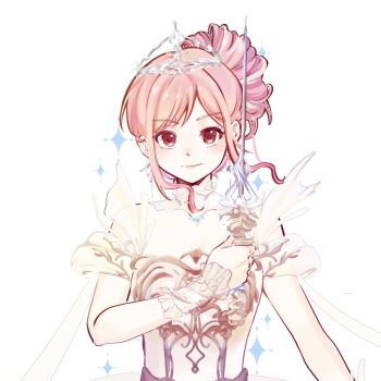 1girl armor breastplate brown_eyes chinese_commentary closed_mouth clothing_cutout collar collarbone commentary_request detached_collar dot_nose dress eyelashes floating_hair frilled_arm_warmers hair_bun happy highres holding holding_sword holding_weapon infinity_nikki lace_collar light_blush lips looking_at_viewer melody_bloom_(infinity_nikki) nikki_(nikki) nikki_(series) pink_hair rapier see-through_clothes see-through_collar see-through_sleeves short_hair_with_long_locks short_sleeves shoulder_cutout sidelocks simple_background single_hair_bun smile solo sparkle sword tiara updo upper_body wavy_hair weapon white_arm_warmers white_background white_collar white_dress wind zhenzi_jiang