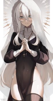 Rule 34 | 1boy, absurdres, akumana, black dress, black thighhighs, blue eyes, bulge, commentary, covered navel, cross, cross necklace, crossdressing, crossdressing (mtf), dress, english commentary, glasses, hair between eyes, highres, jewelry, long hair, male focus, necklace, nun, original, outside border, pillarboxed, praying, signature, smile, solo, thighhighs, trap, twitter username, unworn jewelry, unworn necklace, veil, white hair, white veil