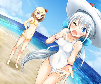 2girls :d barefoot beach bikini blue_bow blue_eyes blush bow bracelet breasts cloud collarbone covered_navel cowboy_shot curtained_hair fang flat_chest full_body hair_between_eyes hair_bow hako_roku hand_on_own_chest hand_on_own_hip hat jewelry kanagiri_kaname kunoichi_hajimemashita! long_hair looking_at_viewer low_twintails medium_breasts medium_hair multiple_girls navel ocean one-piece_swimsuit one_eye_closed open_hand open_mouth outdoors outstretched_arm outstretched_hand parted_bangs polka_dot polka_dot_bikini ponytail purple_eyes reaching reaching_towards_viewer red_bow school_swimsuit shirayuki_mashiro_(kunoichi_hajimemashita!) side-tie_bikini_bottom sidelocks sky smile spread_fingers standing swimsuit tareme tsurime twintails variant_set very_long_hair water white_hat white_one-piece_swimsuit yellow_bikini