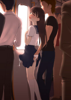 anal_fingering blunt_bangs blush brown_hair bulge clothes_lift crossdressing crossdressing_(mtf) cum cum_in_clothes cum_through_clothes erection erection_under_clothes fingering hand_in_panties hokuro_ryuuseigun kneehighs long_hair multiple_boys open_mouth panties pleated_skirt sailor_collar school_uniform serafuku shota skirt skirt_lift socks standing train train_interior trap underwear white_legwear white_panties yaoi