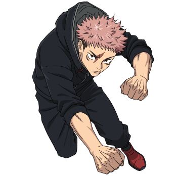 Rule 34 | 1boy, black hoodie, black pants, clenched hand, commentary, english commentary, facial mark, full body, highres, hood, hoodie, itadori yuuji, jujutsu kaisen, male focus, pants, pink hair, punching, red shoes, scar, scar on face, shoes, short hair, simple background, solo, spiked hair, undercut, v0idzenin, white background