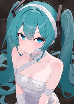 1girl :t absurdres aqua_eyes aqua_hair bandage_on_neck bandaged_chest bandaid bandaid_on_cheek bandaid_on_face bare_shoulders breasts closed_mouth futatunoniji hatsune_miku highres long_hair mummy mummy_costume solo twintails vocaloid