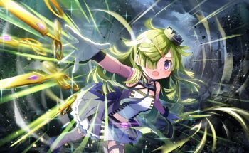 1girl aki_mabayu armpits artist_request attack bare_shoulders black_bow black_hat black_wrist_cuffs blue-bookmark blue_dress blunt_bangs blunt_ends bow bowtie building circle_skirt clothing_cutout cloud cloudy_sky collar detached_collar detached_sleeves determined dot_nose dress eyes_visible_through_hair feet_out_of_frame frilled_skirt frills furrowed_brow game_cg gem gloves glowing_gem green_hair green_outline grey_thighhighs hair_ornament hair_over_one_eye hairclip hat high_collar highres knees leaning_forward leg_cutout light_blush light_particles long_hair long_sleeves looking_at_viewer magia_record:_mahou_shoujo_madoka_magica_gaiden magic magical_girl mahou_shoujo_madoka_magica mahou_shoujo_madoka_magica_magia_exedra messy_hair midriff mini_hat miniskirt official_art open_clothes open_dress open_mouth outdoors outline outstretched_arm pleated_skirt purple_bow purple_bowtie purple_eyes purple_gemstone purple_sleeves ruins scissors see-through_clothes see-through_sleeves shirt shirt_under_dress skirt skirt_set sky skyscraper sleeveless sleeveless_dress solo strapless strapless_shirt tareme thighhighs throwing very_long_hair white_collar white_gloves white_shirt white_skirt wrist_bow wrist_cuffs