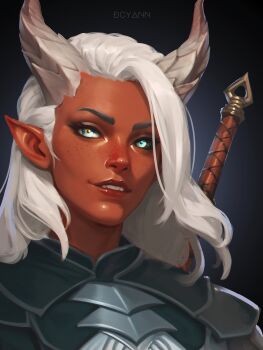 Rule 34 | 1girl, absurdres, armor, artist name, baldur's gate, baldur's gate 3, blue eyes, brown eyes, dcyann, dungeons & dragons, dungeons &amp; dragons, heterochromia, highres, horns, long hair, looking at viewer, pointy ears, solo, tav (baldur's gate), tiefling, upper body, white hair