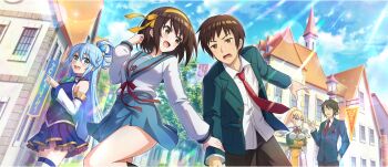 Rule 34 | 2boys, 3girls, aqua (konosuba), armor, armpit crease, black bodysuit, black gloves, black socks, blazer, blonde hair, blue eyes, blue hair, blue sailor collar, blue shirt, blue skirt, blue sky, bob cut, bodysuit, boobplate, bow, bowtie, braid, breastplate, breasts, brown eyes, brown hair, brown pants, building, closed eyes, closed mouth, cloud, cloudy sky, collar, collared shirt, crossed arms, crossover, darkness (konosuba), day, detached sleeves, faulds, from below, game cg, gloves, green bow, green bowtie, green jacket, hair between eyes, hair ornament, hair rings, hairband, hand on own hip, hand up, highres, holding another's wrist, jacket, kita high school uniform, kneehighs, koizumi itsuki, kono subarashii sekai ni shukufuku wo!, konosuba! fantastic days, kyon, large breasts, lens flare, light blush, long hair, long sleeves, looking at another, looking back, medium breasts, medium hair, miniskirt, multiple boys, multiple girls, neck ribbon, necktie, official art, open clothes, open jacket, open mouth, orange hairband, outdoors, pants, pauldrons, pointing, pointing forward, ponytail, ponytail with braided base, red necktie, red ribbon, ribbon, road, sailor collar, sailor shirt, school uniform, serafuku, shirt, short hair, shoulder armor, sidelocks, single hair ring, single pauldron, skirt, sky, sleeveless, sleeveless shirt, small sweatdrop, smile, socks, standing, street, sunlight, suzumiya haruhi, suzumiya haruhi no yuuutsu, talking, thighhighs, thighs, very long hair, walking, white collar, white shirt, white sleeves, white thighhighs, winter uniform, x hair ornament, zettai ryouiki