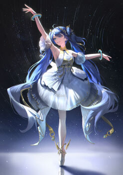 1girl absurdres ahoge alternate_costume arm_garter arm_up ballerina ballet_slippers bangsom bare_shoulders blue_eyes blue_hair bracelet breasts commentary covered_navel dress english_commentary highres iuno_(wuthering_waves) jewelry laurel_crown long_hair looking_ahead medium_breasts parted_lips reflective_floor revision smile solo twintails very_long_hair white_dress wuthering_waves