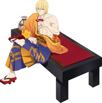 Rule 34 | 1boy, alcohol, artist request, bandages, blonde hair, blue eyes, closed mouth, collarbone, crossed legs, cup, eizen (tales), full body, game cg, geta, highres, holding, holding cup, japanese clothes, kimono, looking at viewer, official alternate costume, official art, orange kimono, short hair, sitting, smile, solo, tales of (series), tales of asteria, tales of berseria, third-party source, transparent background