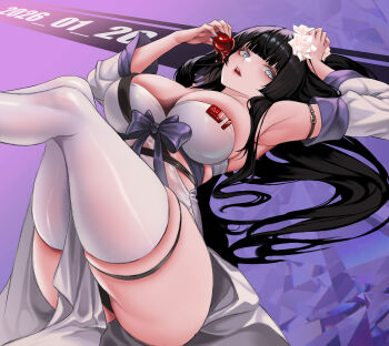 1girl armpits black_bow black_hair bow breasts dated detached_sleeves dress flower food grey_eyes hair_flower hair_ornament highres holding holding_food lips lying mad_kimo on_back open_mouth original red_pupils solo thigh_strap thighhighs white_dress white_flower white_sleeves white_thighhighs