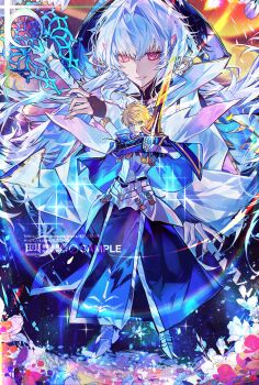 1boy 1girl absurdres armor arthur_pendragon_(fate) blonde_hair commentary_request eeju excalibur_(fate/prototype) fate/grand_order fate_(series) green_eyes highres holding holding_staff holding_sword holding_weapon long_hair merlin_(fate/prototype) pink_eyes short_hair smile staff sword very_long_hair weapon white_hair